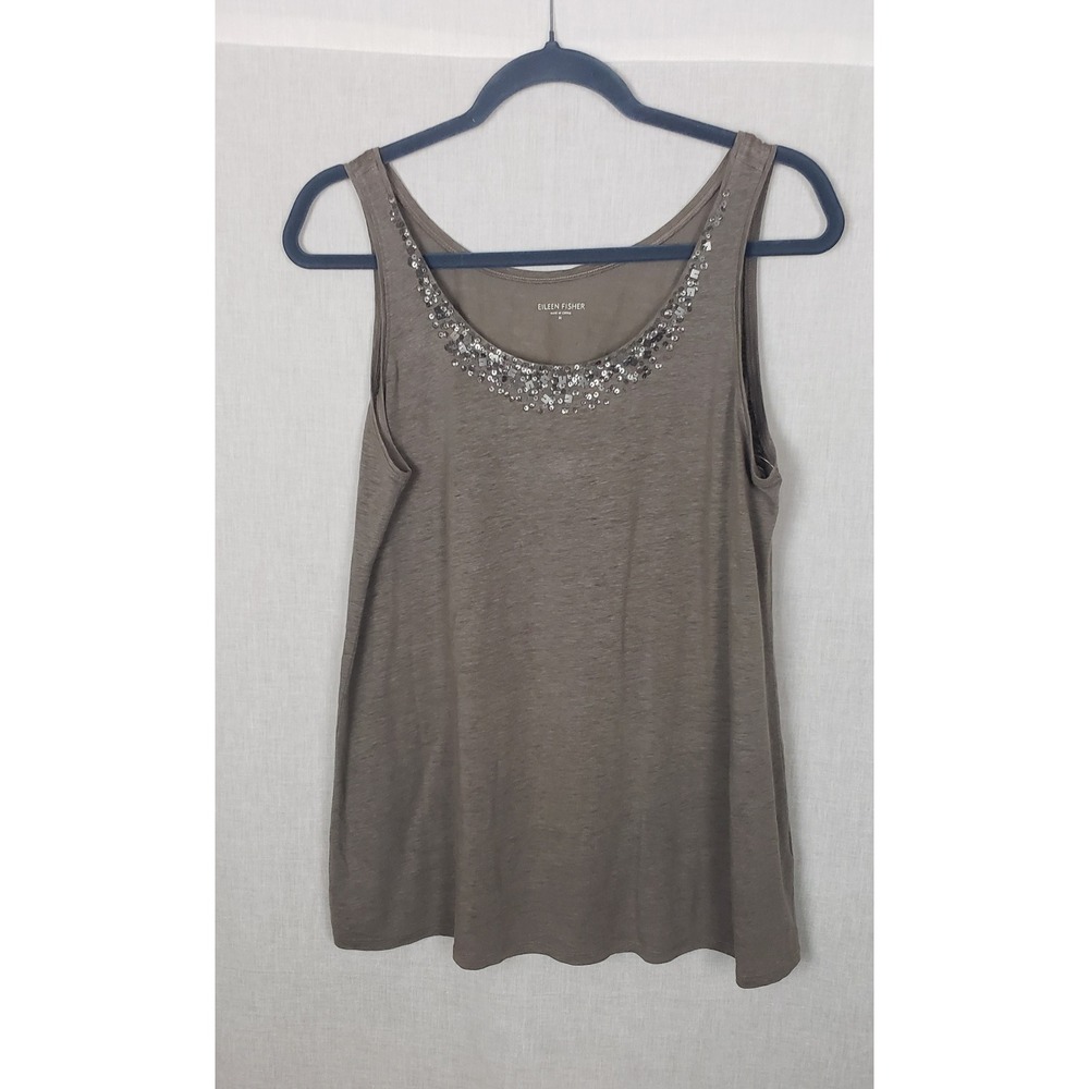 Eileen Fisher Taupe 100% Linen Sequin Embellished M Tank Top Sustainable Earthy